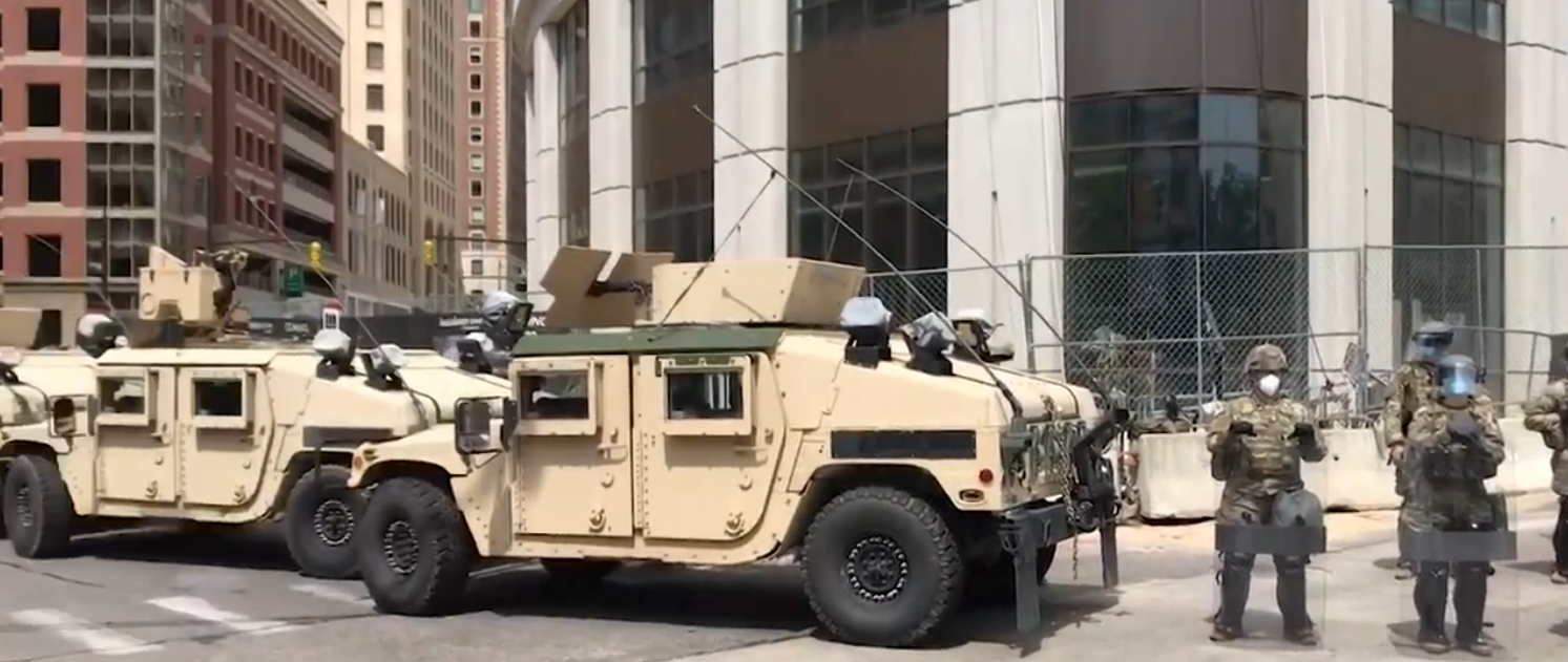 Michigan National Guard Humvees and troops deployed in a barricade in Grand Rapids to oppose the George Floyd Uprising
