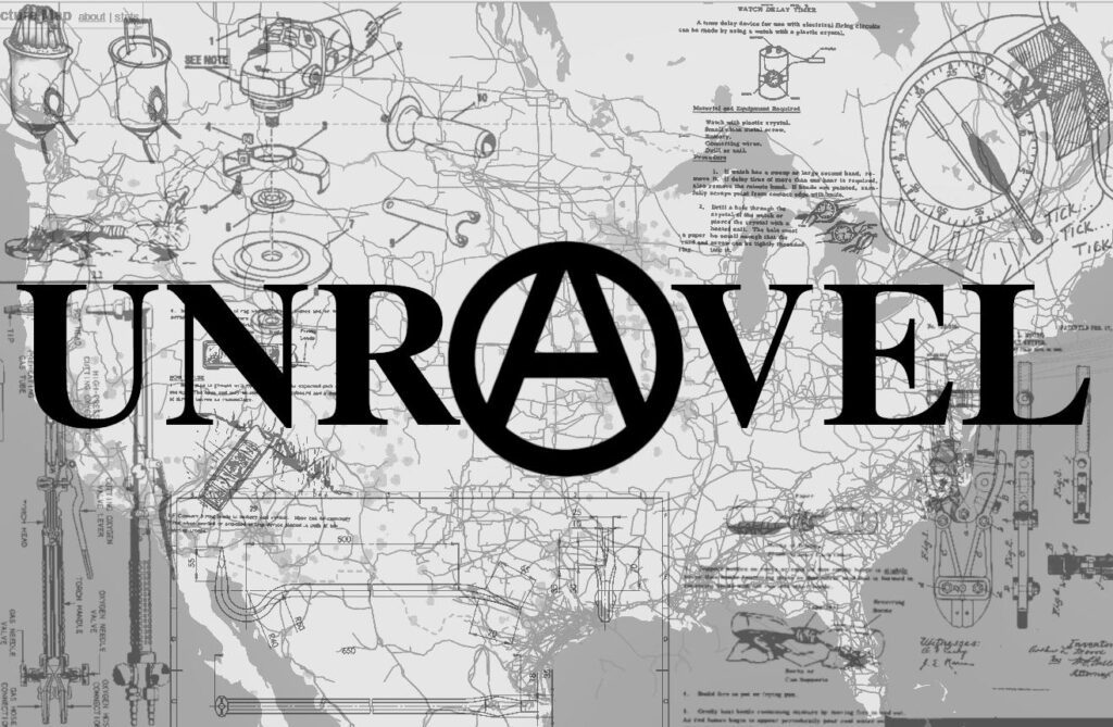 Logo for the "Unravel" counter-information project. The name "Unravel" with a circle-a is imposed over a map of the United States covered in diagrams of various direct-action tools and implements.