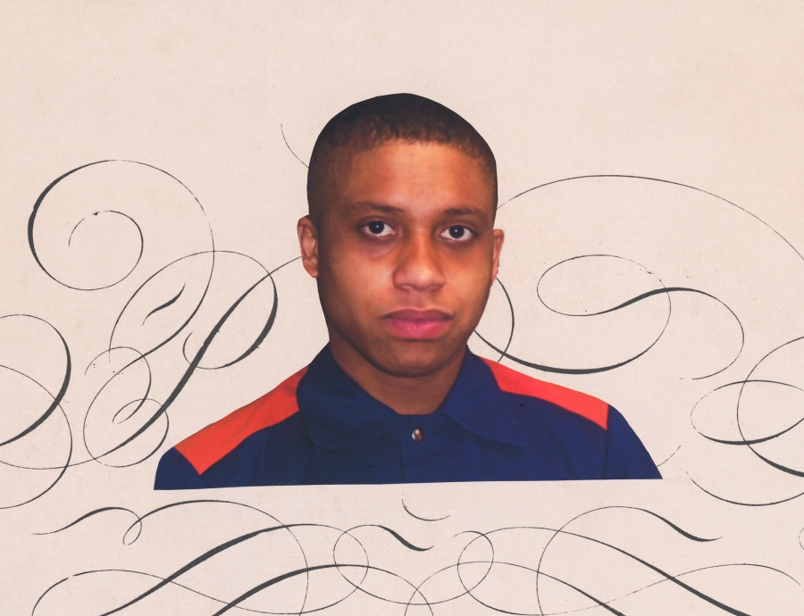 A photo of Khalique Brewer looking directly at the viewer, over a patterned background.