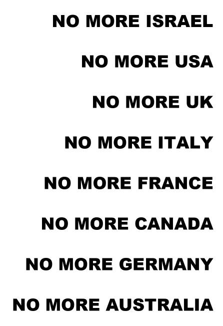 Zine cover reading "No More Israel, No More USA, No More UK, No More Italy, No More France, No More Canada, No More Germany, No More Australia"