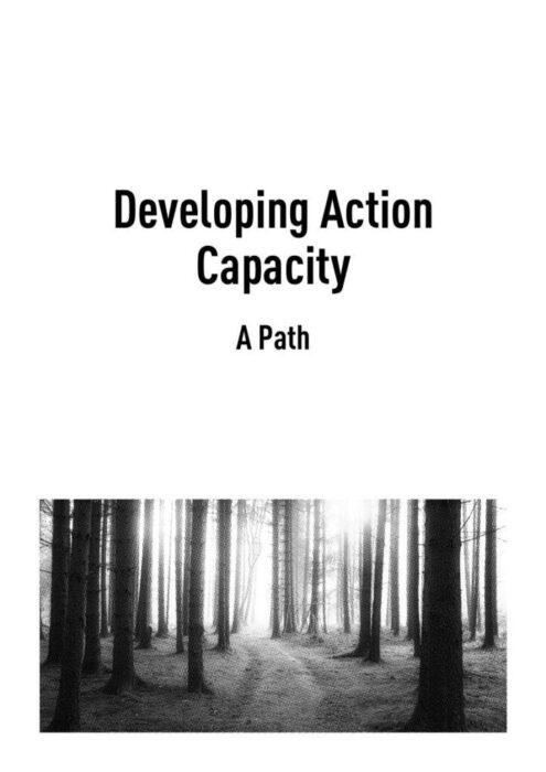 Cover of the zine titled "Developing Action Capacity", with an image of a path in the woods