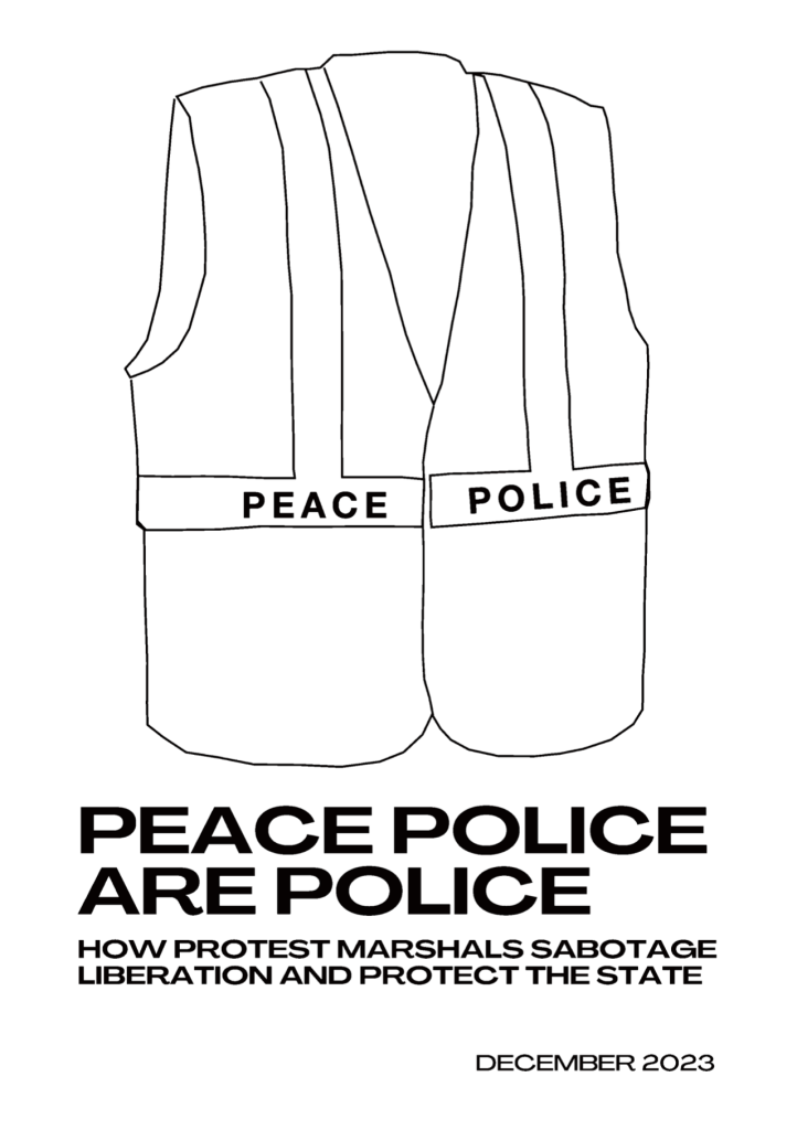 Cover of the zine "Peace Police Are Police", featuring the title and a simple illustration of a high-vis vest labeled "Peace Police"