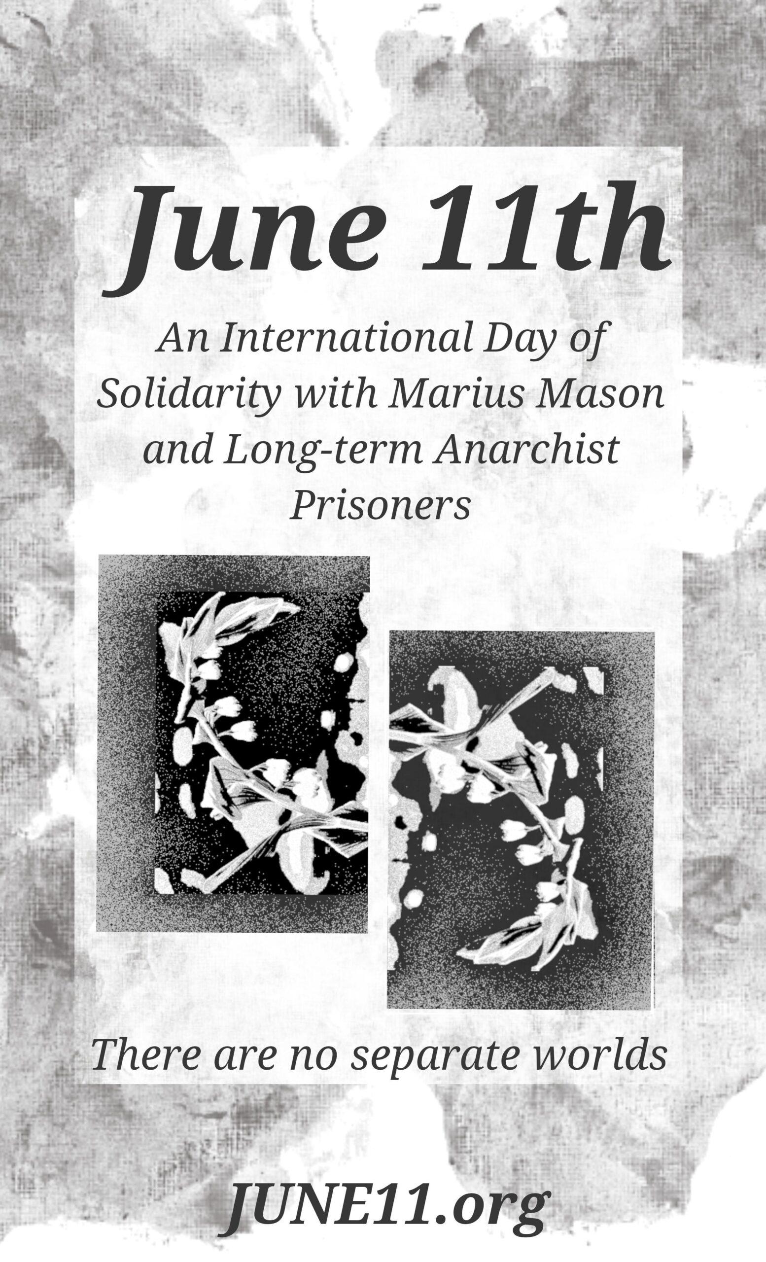 A Poster for June 11th Solidarity. It reads "June 11th, An International Day of Solidarity with Marius Mason and Long-term Anarchist Prisoners. There are no separate worlds. JUNE11.org" It is black and white with abstract and floral patterns.