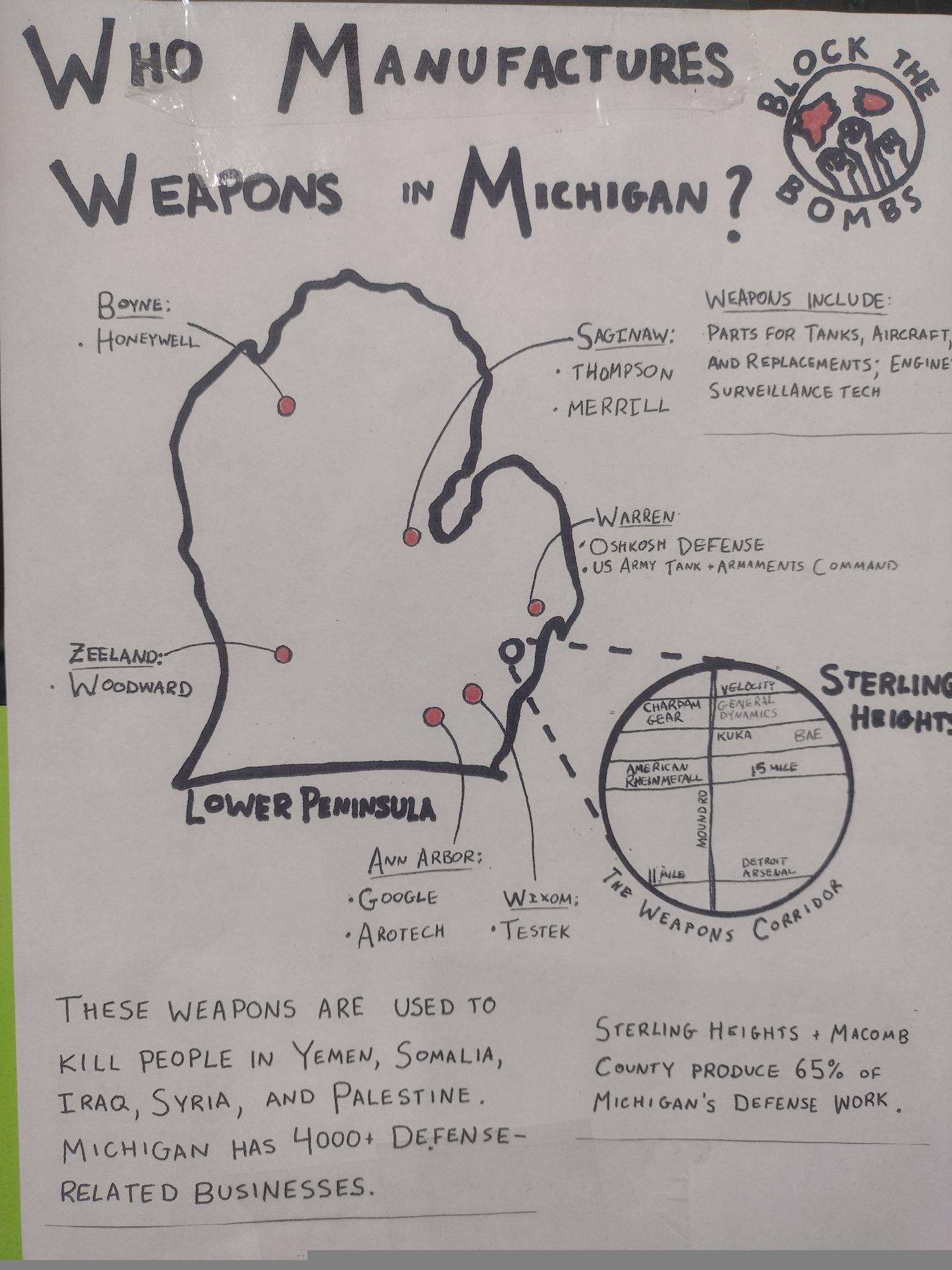 A map showing basic information for various weapons manufacturers and defense contractors in the state of Michigan. There are entries for Ann Wixom, Warren, Sterling Heights, Ann Arbor, Saginaw, Zeeland, and Boyne.