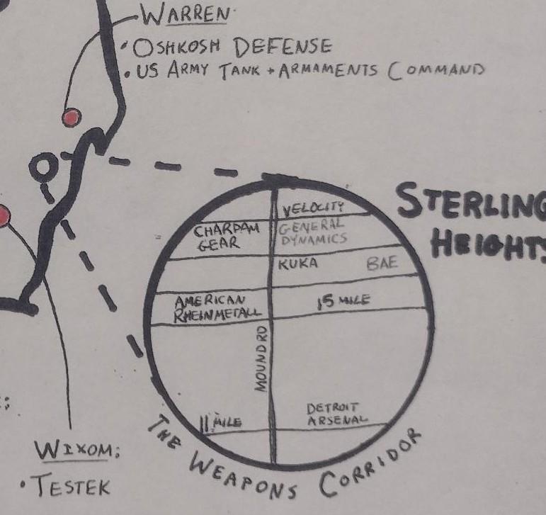 A closeup of the "weapons corridor" in Sterling Heights, Michigan. Companies near the intersection of Mound Road and 15 mile include Velocity, General Dynamics, American Rheinmetall, Kuka, BAE, Chardam Gear and the Detroit Arsenal.