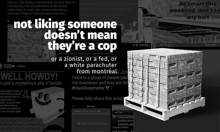 A black and white collage featuring a pallet of bricks, and title of the zine "not liking someone doesn't mean they're a cop", with the subtitle "or a zionist, or a fed, or a white parachuter from montreal". The background are different social media posts claiming that pallets of bricks are traps placed by cops.