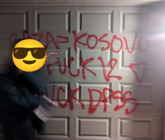 A blurry and indistinct individual with a smiling sunglasses emoji for a face is pictured in front of a garage door spray painted with the words "gaza=kosovo", "fuck 12" and "fuck dpss".