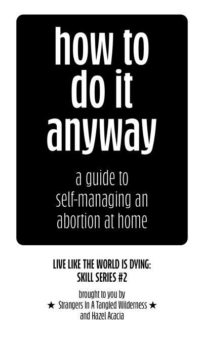 Cover of the zine "how to do it anyway". The title is in white text in a black box with the sub-heading "a guide to self-managing an abortion at home". The byline reads "live like the world is dying: skill series 2" and "brought to you by Strangers In A Tangled Wilderness and Hazel Acacia"