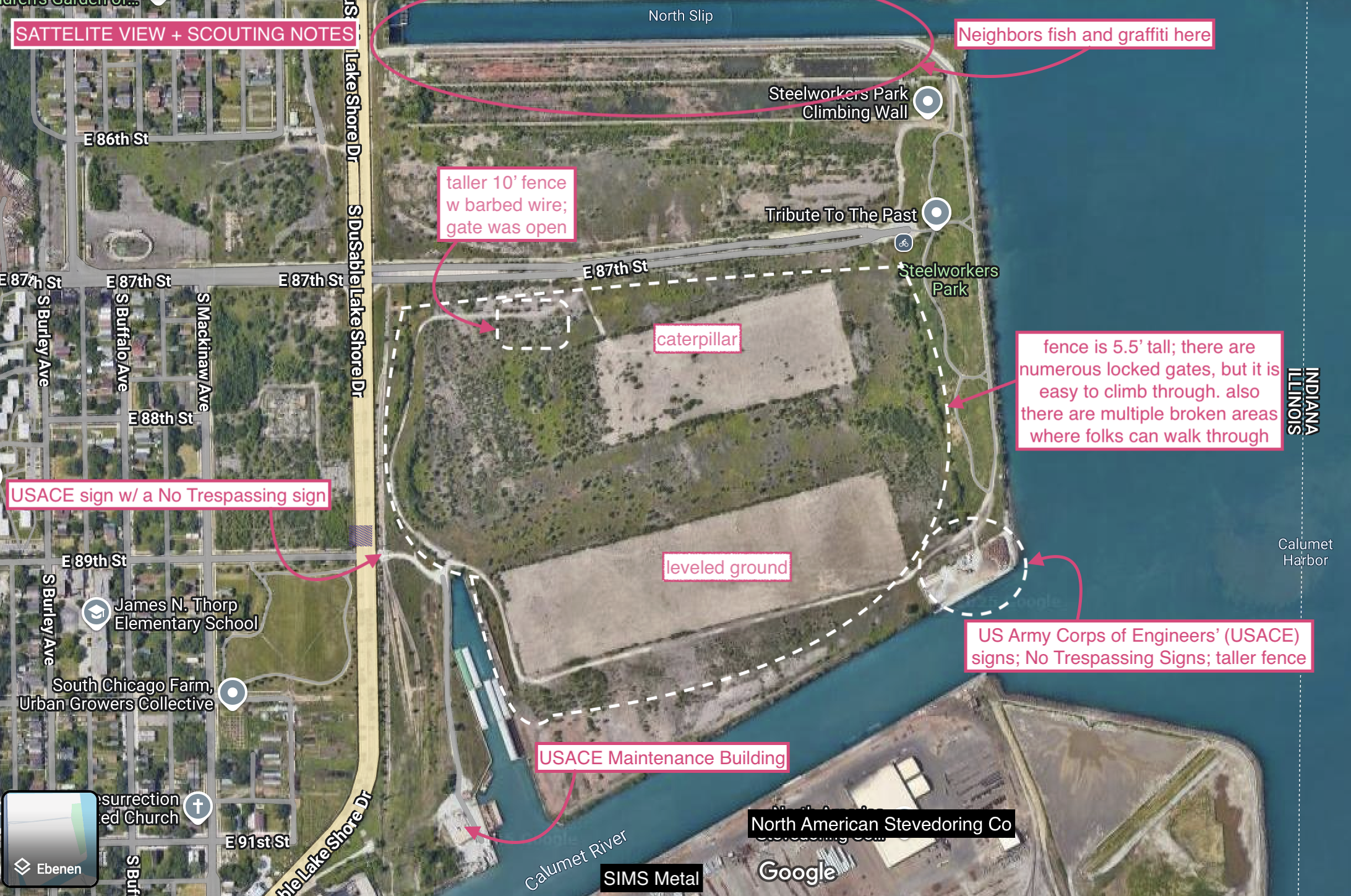 A satellite view of the site with many locations marked and captions pointing out various things like fences, buildings, and empty fields.