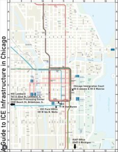 Map of Chicago with various ICE buildings labeled.