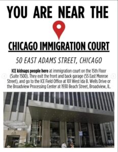 Photo of the front of the building housing the Chicago Immigration Court, at 50 East Adams Street in Chicago. There are details about the building's garage and use.