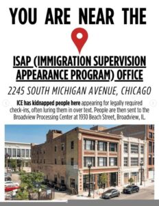 Photo of the building housing the Immigration Supervision Appearance Program (ISAP) office, at 2245 South Michigan Ave, Chicago. There are details about how it is used.