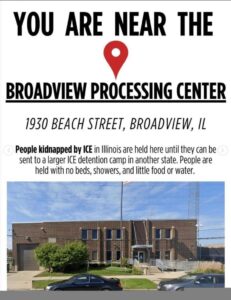Photo of the Broadview Processing Center at 1930 Beach Street in Broadview Illinois. There are also details about how people kidnapped by ICE are temporarily held here before being sent to larger facilities.