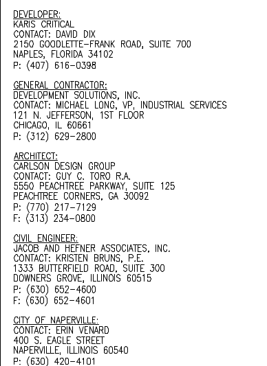 A list of contractors involved in plans for a datacenter in Naperville, IL.