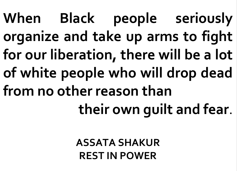 When Black people seriously organize and take up arms to fight for our liberation, there will be a lot of white people who will drop dead from no other reason than their own guilt and fear. ASSATA SHAKUR REST IN POWER